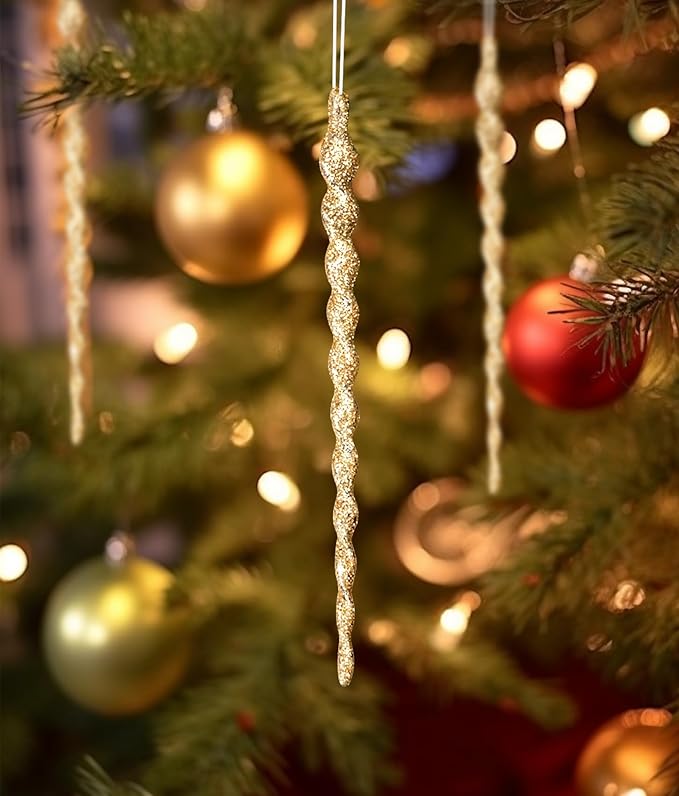 AMS Sparkling Glitter Plastic Icicle Ornaments 30 PCS Twisted Icicles Decoration Christmas Tree and Holiday Xmas Party Hanging (5.1'', Gold)