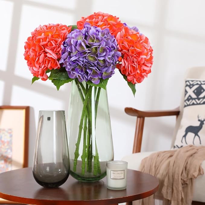 Nubry 22.44In Purple Hydrangea Artificial Flowers,4Pcs Latex Faux Real Touch Large Hydrangea Flowers with Long Stems & Leaves for Home Office Decor Wedding Party Arrangements(Purple)