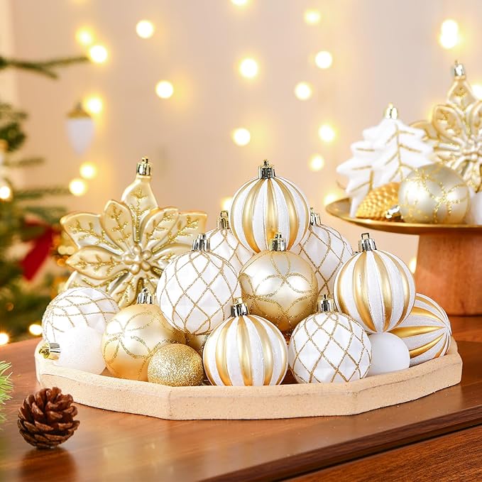SHareconn 106PCS Christmas Balls Ornaments Set, Colorful Shatterproof Plastic Decorative Baubles for Xmas Tree Decor Holiday Wedding Party Decoration with Hanging Hooks, Gold &White