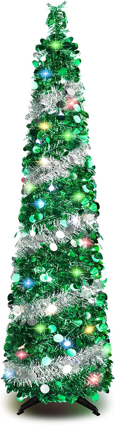 5 FT Christmas Trees with 90 Colorful Lights, Collapsible Artificial Sequin Pop Up Christmas Tree, Tall Skinny Pencil Tinsel Christmas Trees Xmas Tree for Home Apartment Basement Fireplace