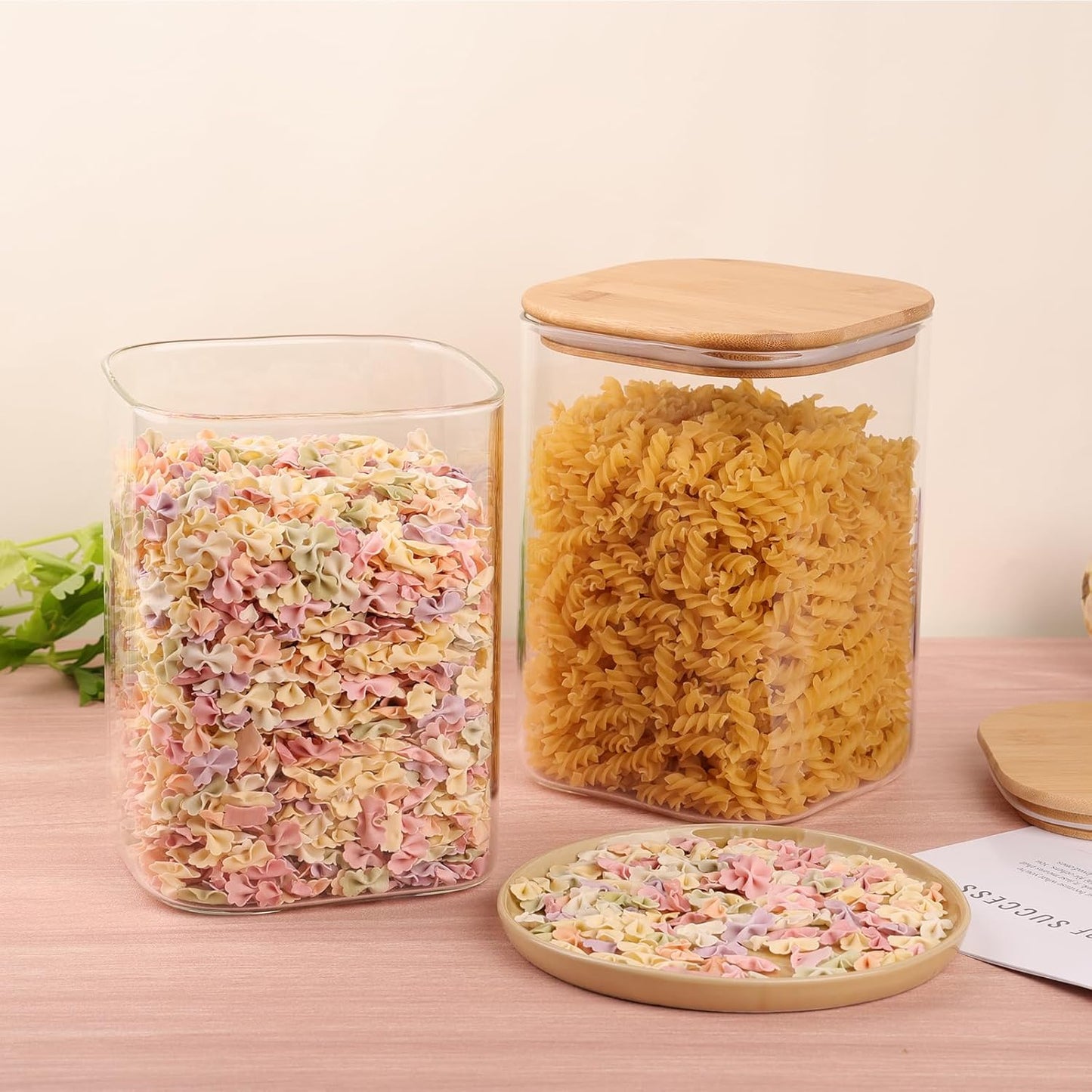 Glass Food Storage Jars 108oz Set of 2,Glass Storage Containers Clear Glass Food Canister with Bamboo Lid Airtight For Serving Tea, Coffee, Flour, Sugar, Candy, Cookie, Spice and More (Square)