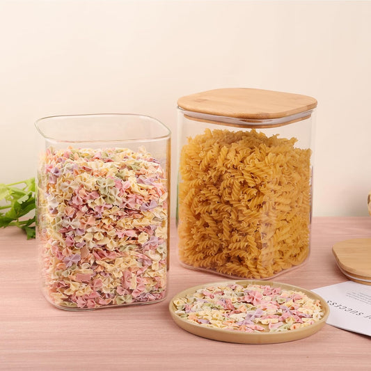 Glass Food Storage Jars 108oz Set of 2,Glass Storage Containers Clear Glass Food Canister with Bamboo Lid Airtight For Serving Tea, Coffee, Flour, Sugar, Candy, Cookie, Spice and More (Square)