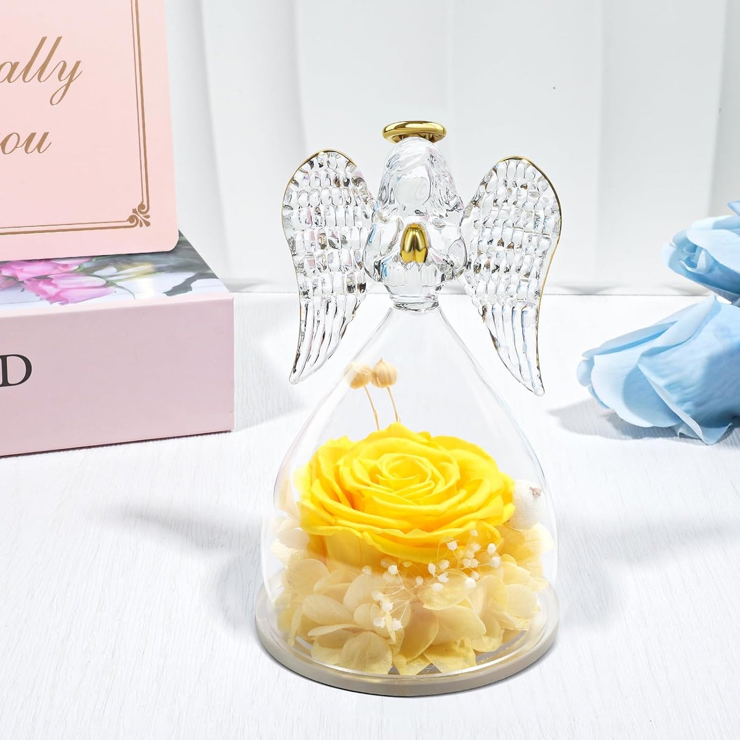Yamonic Mom Birthday Gifts for Mom,Angel Figurines with Real Rose Gifts for Her Mom Grandma,Preserved Flowers Rose Angel Figurines for Mothers Day Christmas Anniversary Birthday Gifts for Wife(Yellow)