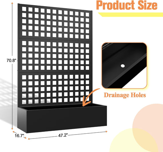 Metal Planter Box with Trellis & Wheels, Raised Garden Bed with Privacy Screen, Outdoor Standing Flower Beds with Drainage Hole for Climbing Plants, Vine, 47" Lx16 Wx71 H