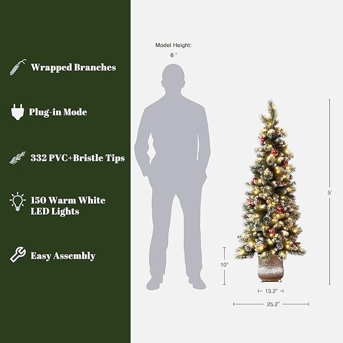 LuxenHome 5FT Potted Christmas Tree with Ornaments, Pre-Decorated Small Flocked Artificial Christmas Trees Prelit with 150 LED Lights, Pencil Xmas Tree with Pot for Indoor, Outdoor