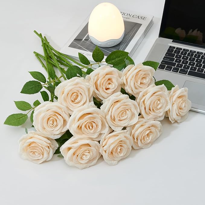 50Pcs Champagne Roses Artificial Flowers Artificial Silk Roses Bulk,Fake Roses Flower with Stems Realistic Flowers for Wedding Centerpiece Home Party Decor