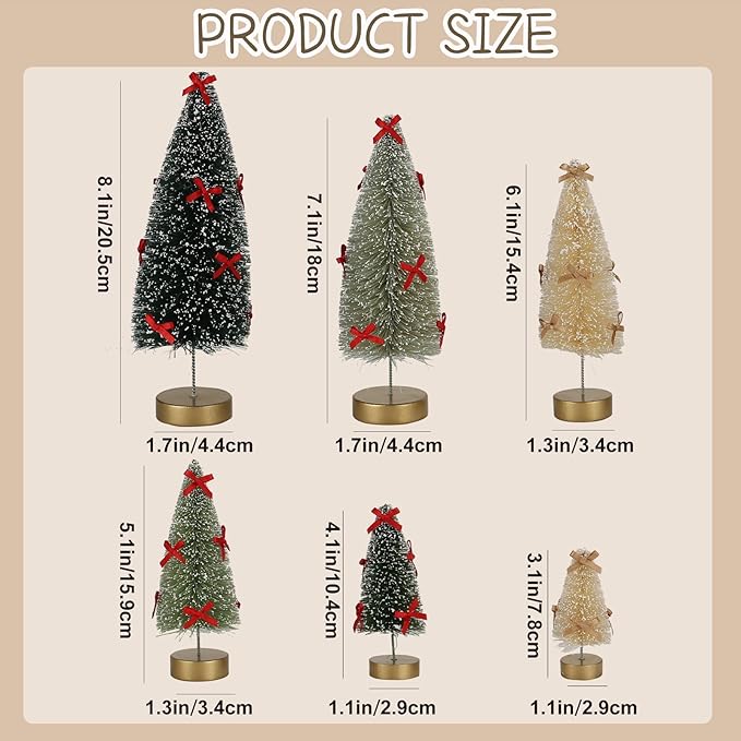 6 Pack Mini Christmas Trees, Small Miniature Frosted Bottle Brush Christmas Tree Decorations Tiny Tabletop Sisal Trees with Bows for Tiered Tray Mantel Winter Village Holiday Décor Assorted Sizes