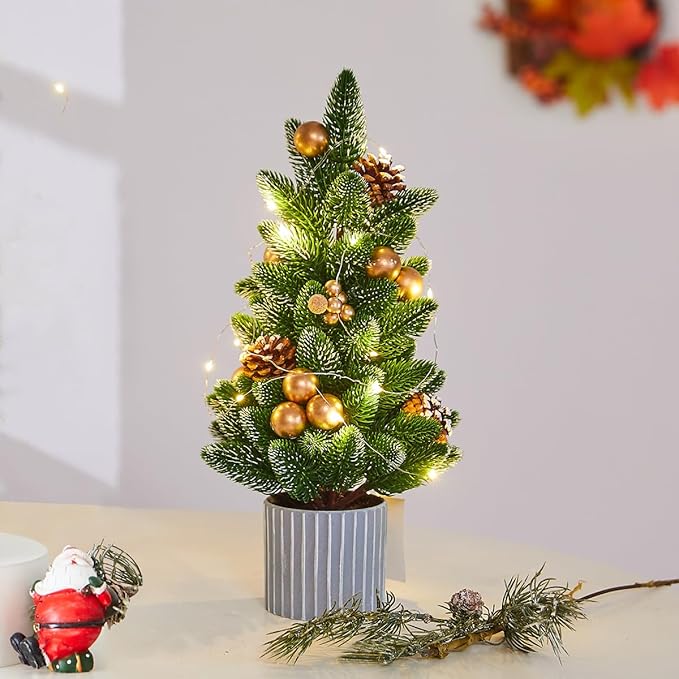 Classic Small Christmas Tree Table Decor - Mini Tabletop Artificial Tree Indoor Christmas Holiday Centerpiece for Desktop Home Office Bedroom Decor Gift(Gold Pine)