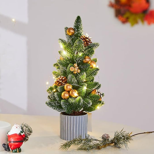 Classic Small Christmas Tree Table Decor - Mini Tabletop Artificial Tree Indoor Christmas Holiday Centerpiece for Desktop Home Office Bedroom Decor Gift(Gold Pine)