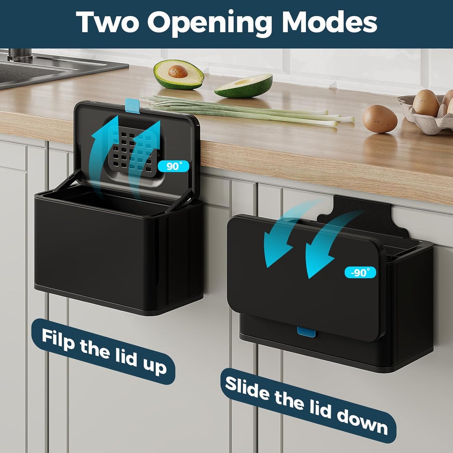 Stainless Steel Hanging Trash Can with Lid and Inner Bucket, 1 Gallon Kitchen Compost Bin for Counter Top, Under Sink or Wall Mount, Small Garbage Can for Cupboard/Bathroom/Bedroom/RV, Black