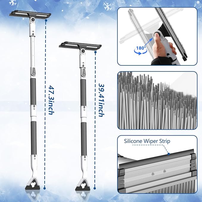 47.3" Car Snow Brush and Ice Scraper, 3-in-1 Extendable Snow Shovel with Wide Head Snow Shovel and Ice Scraper 180° Pivoting Snow Brush Head for Car Windshield, Durable Snow Remover with Foam Grip