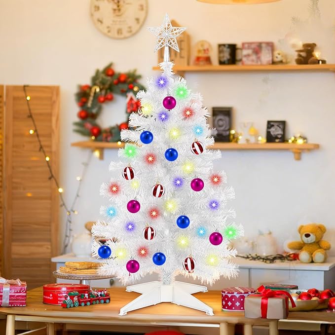 [ Remote Control & 8 Modes ] 3 Ft Christmas Tree with Timer 50 Warm White & Multi Color Lights, 15 DIY Ornaments 3D Star Topper - Artificial Small Christmas Tree for Home Indoor Tables - White