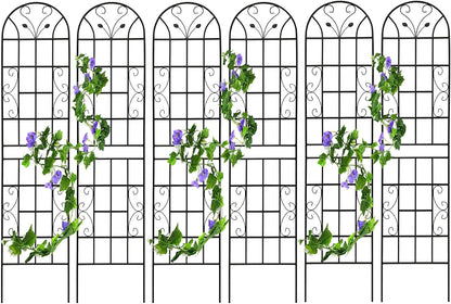 6 Pack Metal Garden Trellis for Climbing Plants, 86.7" Tall Rustproof Outdoor Trellis Panel with Vine Lines Design, Decorative Black Iron Plant Support for Vine, Rose, Flower, Garden Wall
