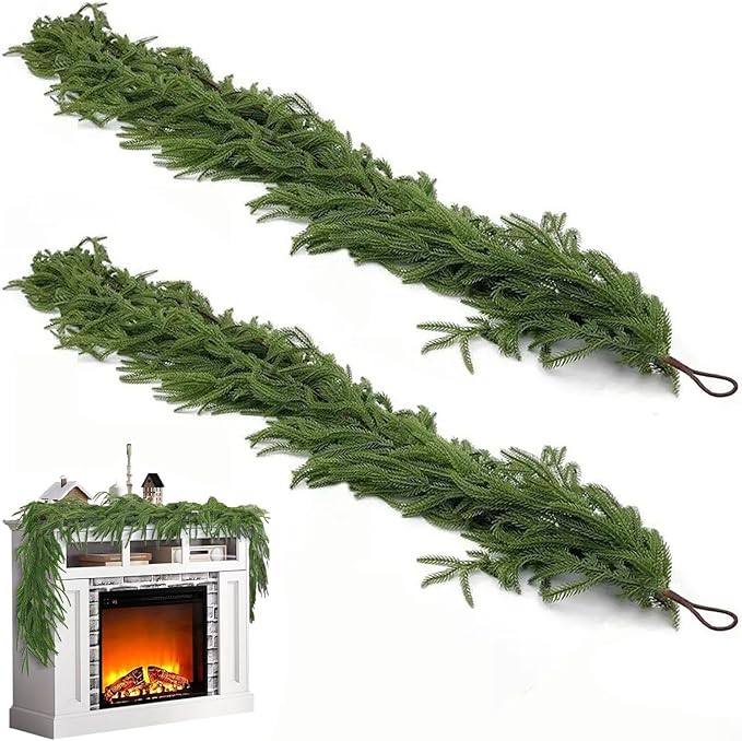 2Pcs 6FT Norfolk Pine Garland Christmas Dense Winter Pine Garland Green Artificial Faux Greenery Real Touch Garlands for Mantle, Wall, Table, Home Xmas Holiday Decor