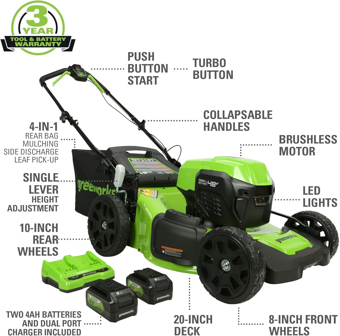 Greenworks 48V (2x24V) Lawn Mower Combo Kit with 20" Steel Deck, 12" String Trimmer, 320 CFM Blower, Wet/Dry Shop Vacuum – All-in-One Cordless Combo: Ideal for Home Yard Work & Indoor Cleaning