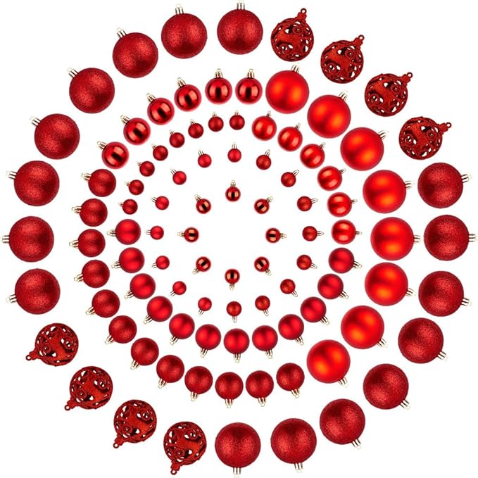 Christmas Ball Ornaments for Tree,Shatterproof Plastic Holiday Baubles Set in Assorted Sizes and Finishes, Christmas Tree Decorations for Home, Office, Party, Indoor Outdoor Use (100PCS, Red)