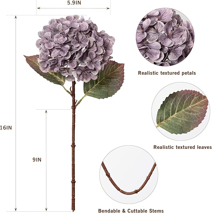 Artificial Flower Fake Silk Hydrangea Heads Bouquet With Stems Bulk for Fall Decoration Table Center Christmas Indoor Outdoor Faux Decorations Floral Realistic With Leaves Plants Craft(Grayish Purple)