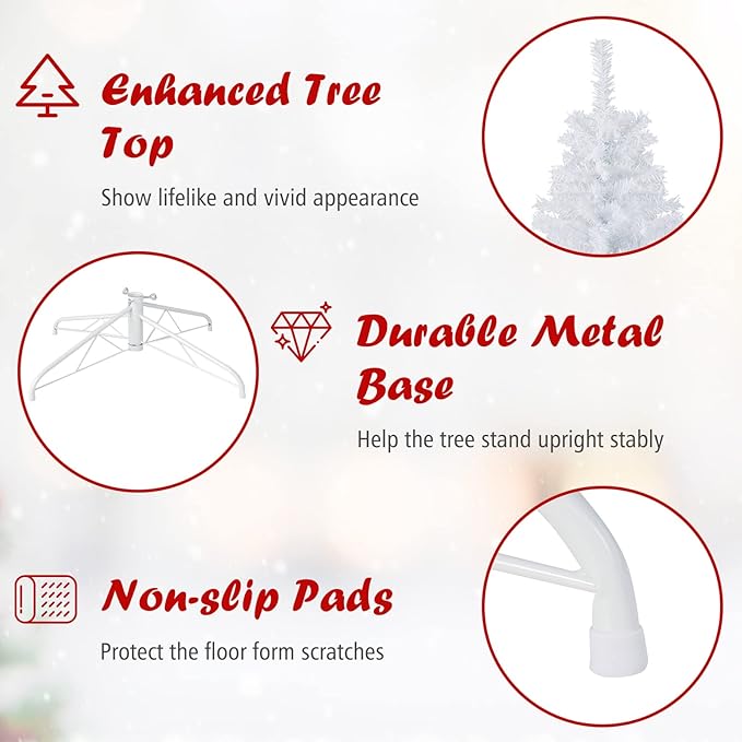 HAPPYGRILL 9 Feet White Artificial Christmas Tree with 2132 PVC Branch Tips Unlit Hinged Xmas Pine Tree with Sturdy Metal Base, Artificial Pine Tree for Indoor Outdoor Decor