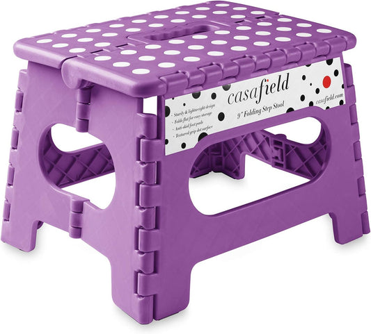 Casafield 9" Folding Step Stool with Handle, Purple - Portable Collapsible Small Plastic Foot Stool for Kids and Adults - Use in The Kitchen, Bathroom and Bedroom