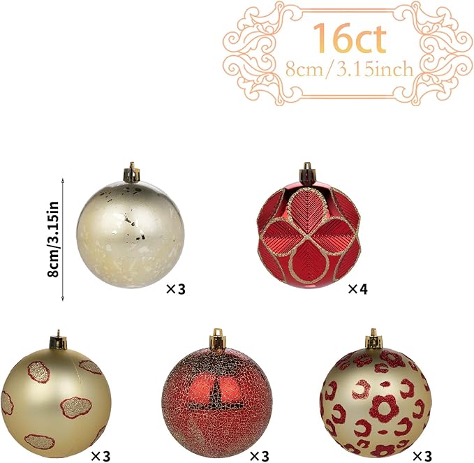 16CT Leopard Christmas Ornaments,Shatterproof Red and Gold Christmas Decorations, Lage Baubles Ornaments Hanging Decor for Xmas Tree Home Party Festivals (80MM/3.15'')