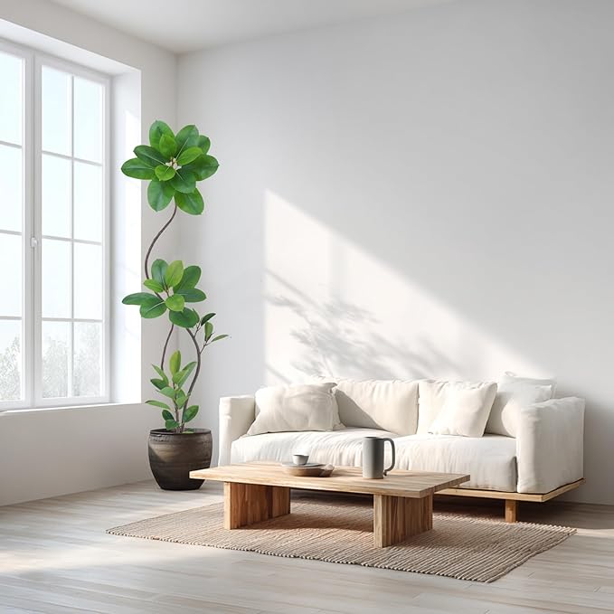 Artificial Rubber Tree Plant, 78 Inch Indoor Tree, Black with Round Planter, All Season Home Decor (Green,6.5ft)