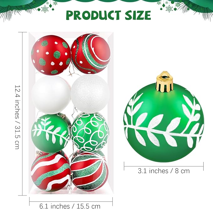 MCEAST 16 Pieces 3.15 Inches Christmas Balls Christmas Tree Pendants Shatterproof Decorative Baubles Balls for Christmas Tree Decoration, Red, Green, White