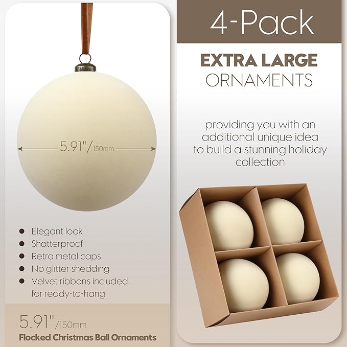 Sea Team 4-Pack Large Flocked Velvet Christmas Tree Ball Ornaments Set, Hanging Velour Baubles, Shatterproof Plastic Decorations for Xmas Tree, Wreath, Garland, 150mm/5.91 Inches, Cream