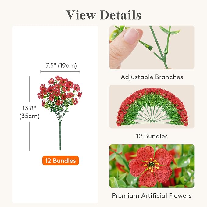 Lifewit Artificial Flowers for Outdoor Indoor, 12 Bundles Plastic Fake Flowers Daisy with Eucalyptus Leaves for Home Garden Decor, Porch, Window Box(Red)