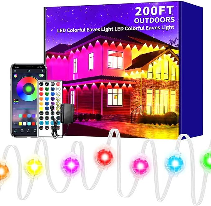 Permanent Outdoor Lights 200ft Smart Outside RGB LED Christmas Light, App Control Remote IP67 Waterproof Eternity Eaves Lighting for Halloween，House，Patio Decor ，Garden Decor, Decorations