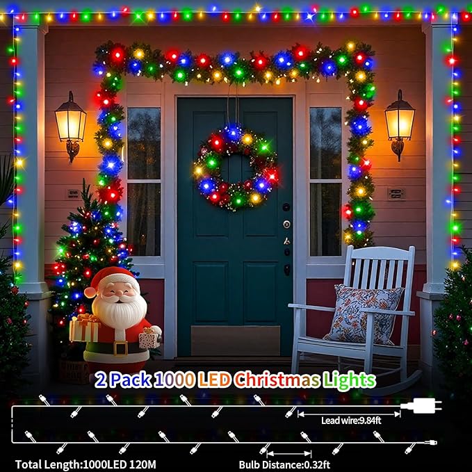 2 Pack 403 FT 1000 LED Christmas Lights Outdoor Fairy Lights Plug in Extra Long Clear Wire String Lights with Remote Timer 8 Modes for Outside House Tree Garden Wedding Party Decorations- Multicolor