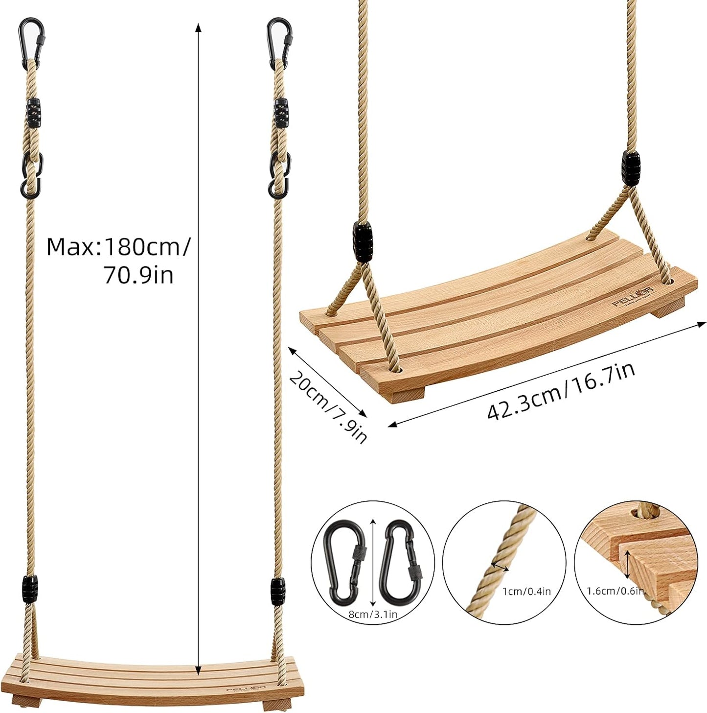 Pellor Wood Tree Swing Seat,Indoor Outdoor Rope Wooden Swing Set for Children Adult Kids (Burlywood)
