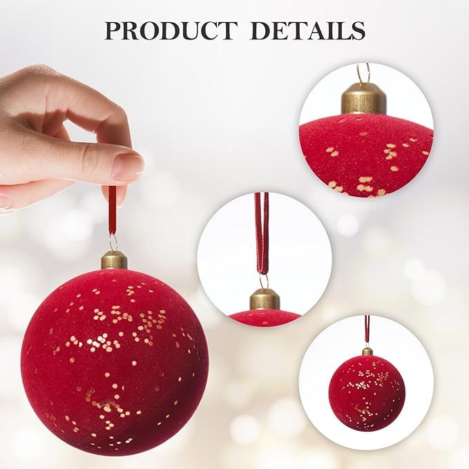 DN DECONATION 4PCS Christmas Ball Ornaments, Shatterproof Red Balls Ornaments for Christmas Tree, 4” Velvet Plastic Decorations with Ribbons, Farmhouse Holiday Decor Xmas Gifts Winter