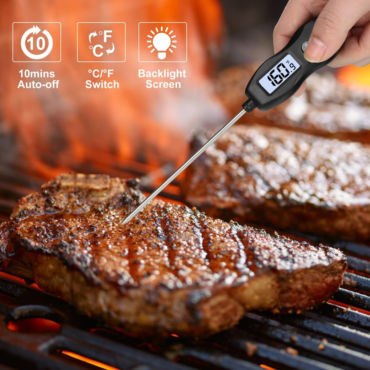 Digital Meat Thermometer Backlight,Waterproof Instant Read Food Thermometer for Cooking Grilling BBQ Baking Liquids Beef Turkey (Black)