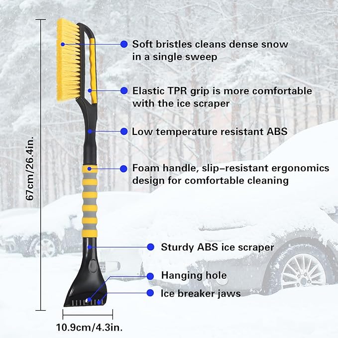 Snow Brush and Ice Scraper for Car Windshield,26.4" Window Scraper Deicer for Car SUV and Truck,Ice Scrapers and Brushes 2 in 1,Winter Car Automotive Exterior Accessories(1Pack Yellow)