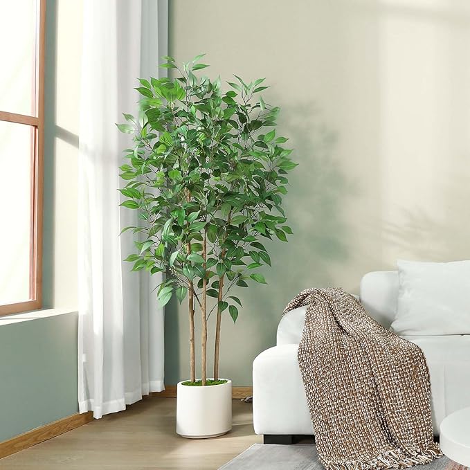 Ficus Artificial Tree 5ft Tall Fake Ficus Tree for Home Decor Indoor Faux Silk Ficus Plant Fake Floor Plant in White Imitation Ceramic Planter with Green Fake Moss, Set of 1
