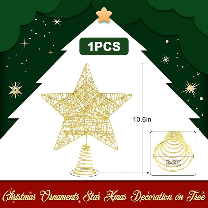Christmas Tree Topper, 10" Glittering Xmas Star Treetop for Holiday Indoor Ornament Christmas Tree Decoration(Gold)