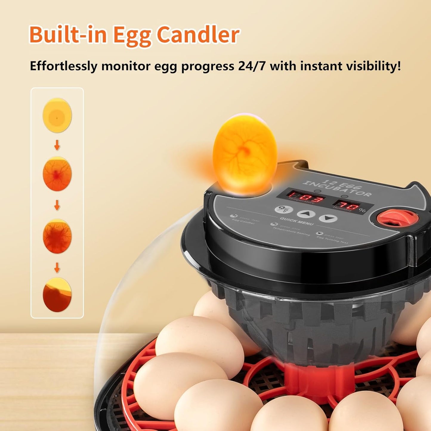 Incubators for Hatching Eggs, 12 Egg Incubator with Automatic Egg Turning and Humidity Control, Water Refill, Air Vent, 360° Viewing for Chickens Ducks Birds, Ideal for Farm, Classroom, Lab, Home Use