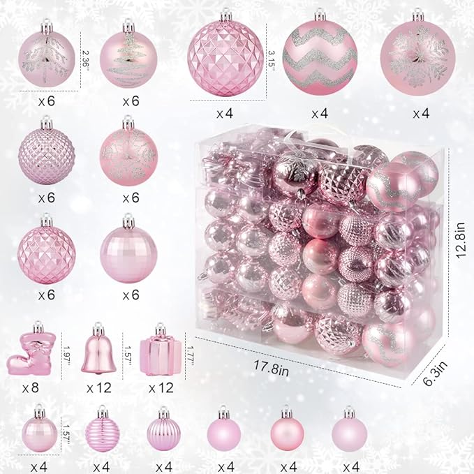 116Pcs Pink Christmas Ball Ornaments Set, Shatterproof Christmas Hanging Decoration Set with Gift Box, Assorted Decorative Baubles Set for Xmas Tree/Home/Wedding/Party/Holiday (Pink)