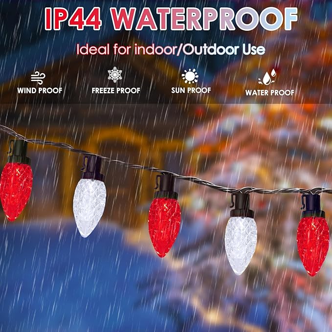 2-Pack Connectable Red and White C9 Christmas LED String Lights, Total 66 FT 100 LED Christmas Lights Plug in with 29V Safe Adapter, Waterproof Decorative Lights Indoor Outdoor for Xmas Decorations