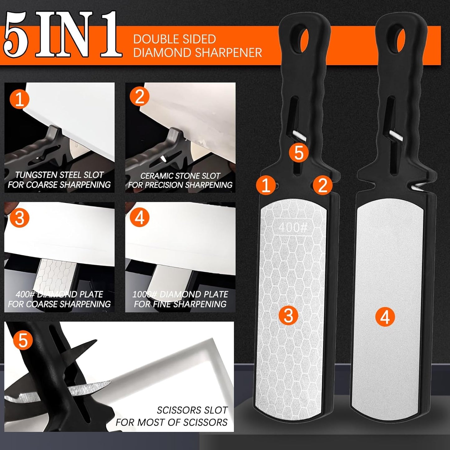 Diamond Sharpening Stone,400/1000 Grit Handheld Double-Sided Diamond Sharpener 5 in 1 Honeycomb Surface Knife Sharpener Plate Whetstone with Ceramic & Tungsten Steel Scissor Slot,Black