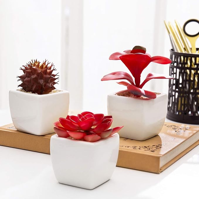 MyGift Assorted Artificial Red Succulent Plants, Mini Fake Desert Plants in White Square Pots, Set of 3