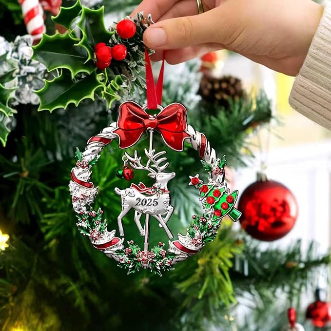 Christmas Ornament 2025 for Christmas Tree Hanging Decorations, Xmas Wreath Ornament with Rotatable Reindeer, Dated 2025 Metal Xmas Ornament for Holiday Decorative Keepsake Gift