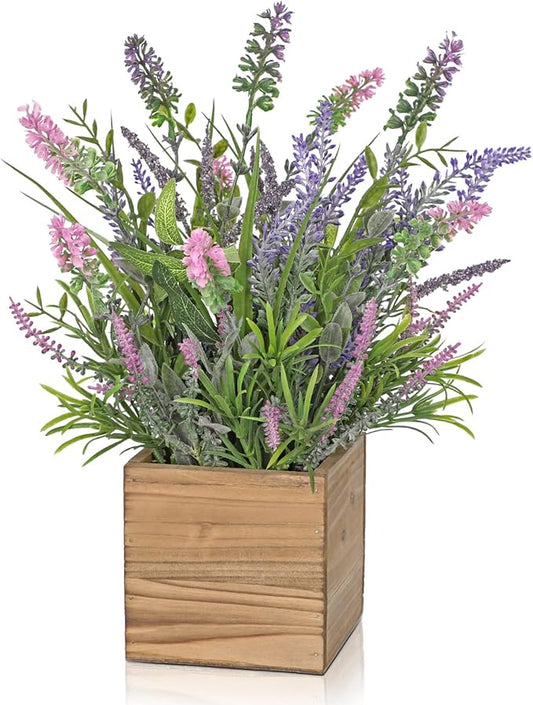 DILATATA Rustic Lavender Flowers Artificial Lavender Decor Fake Lavender Plant in Wooden Pot Faux Plants for Home Bathroom Table Centerpieces Wedding Decor Potted Lavender Flower Purple Decor