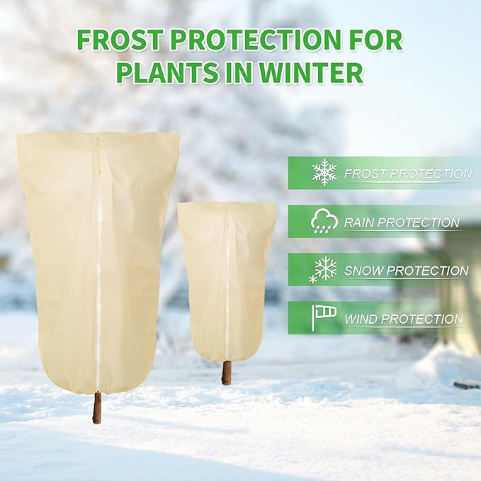 2 Pack 43"x32" Winter Plant Covers Freeze Protection Frost Cloth Blankets, 3 oz/yd² Tree Cover with Zipper Drawstring, Frost Protection Jacket for Outdoor Plant Cold Weather Protector Beige