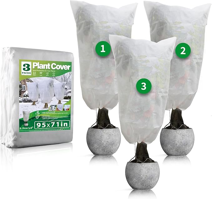 Avalution Plant Covers Freeze Protection, 3 Packs Frost Cloths for Outdoor Plants, 95" X71" Reusable Frost Blankets, 2.2oz Tree Cover Freeze Protection Drawstring Bags for Potted Shrub