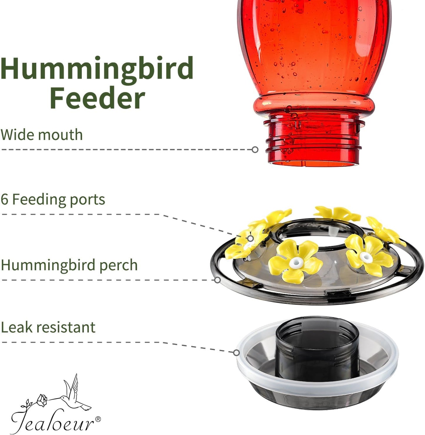 Hummingbird Feeder for Outdoors Hanging, 18 OZ Humming Birds Feeders with 6 Bee Guard Feeding Ports & Built-in Ant Moat, Easy to Clean, Durable Outdoor Garden Decor (Red 1 Pack-C)