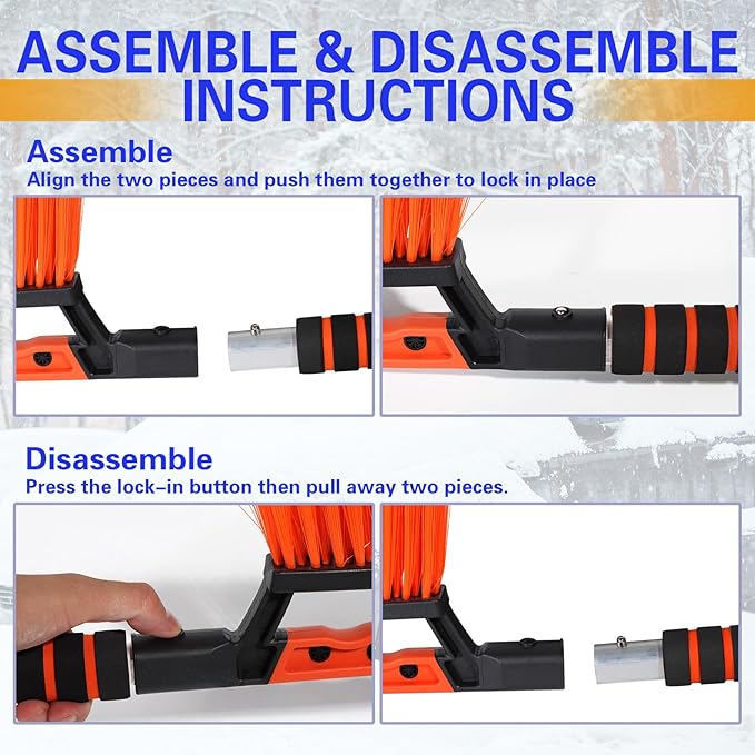 24.8" Car Scraper Snow Brush, Silicon Ice Scrapers for Car Windshield, Squeegee for Ice Water Removal, Detachable Snow Removal Tool with Ergonomic Foam Grip, Winter Car Accessories