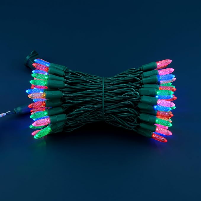 100 Multicolor Faceted One-Piece LED Christmas Lights, 33 ft Green Cord High Waterproof UL Certified M6 Outdoor String Lights (Multicolor)