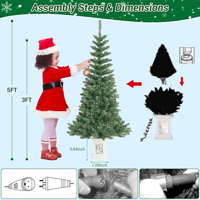 5FT Small Christmas Tree, Artificial Christmas Tree with 130 Colorful Lights & Lighting Base, Prelit Christmas Tree for Home & Office Xmas Decor with 10 Modes Lighting, Timer Operated Operated