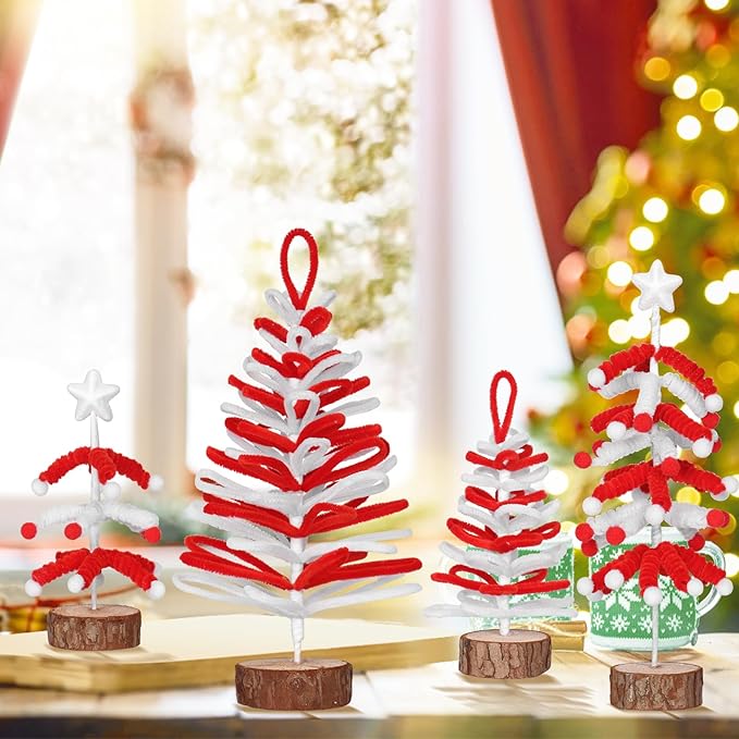 Super Holiday 4PCS Small Christmas Tree, Artificial Mini Tabletop Tree Christmas Decorations, for Wedding Holiday Indoor Xmas Party Decor, Red, White